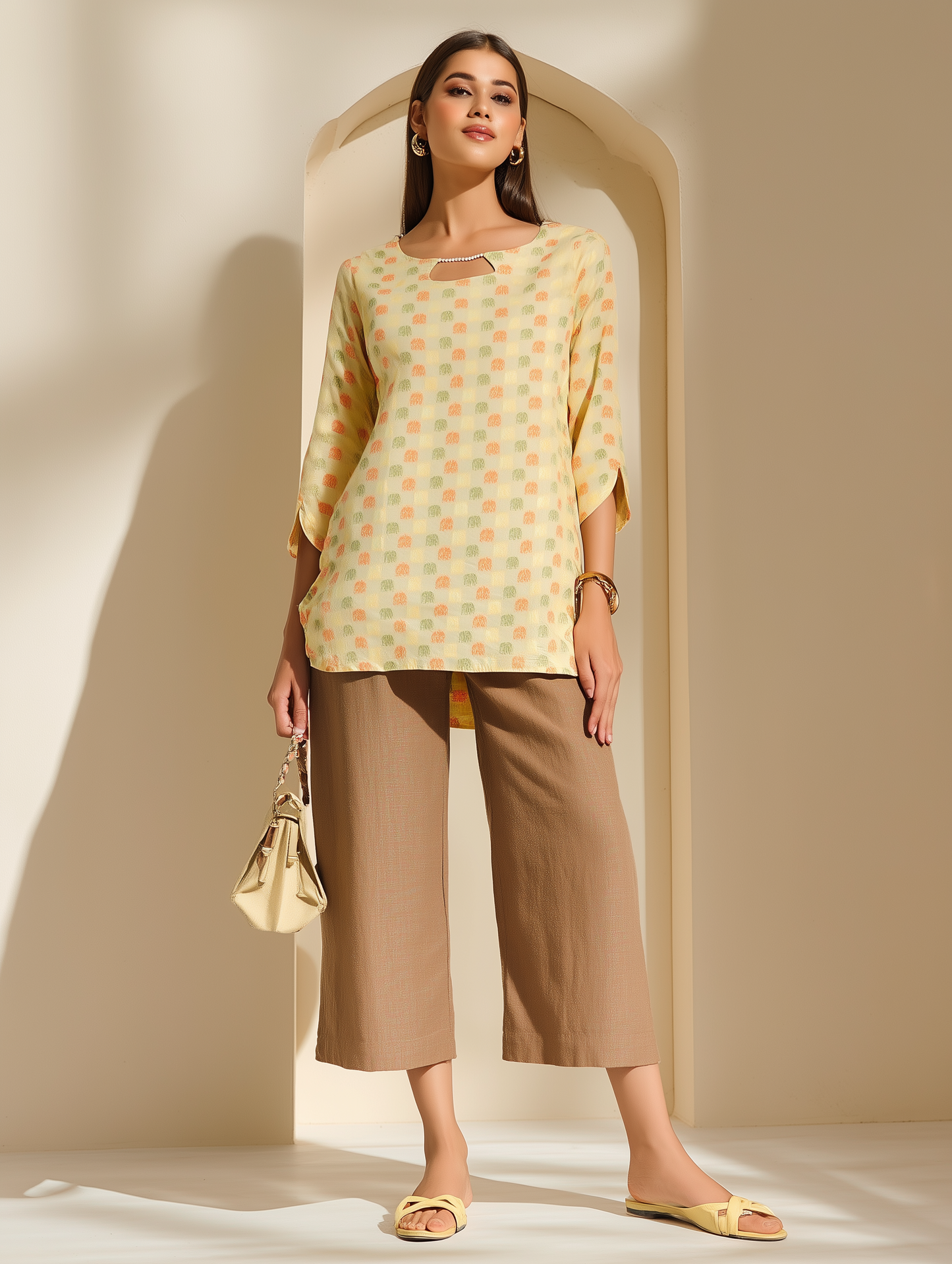 Yellow Beaded Cotton Short Tunic
