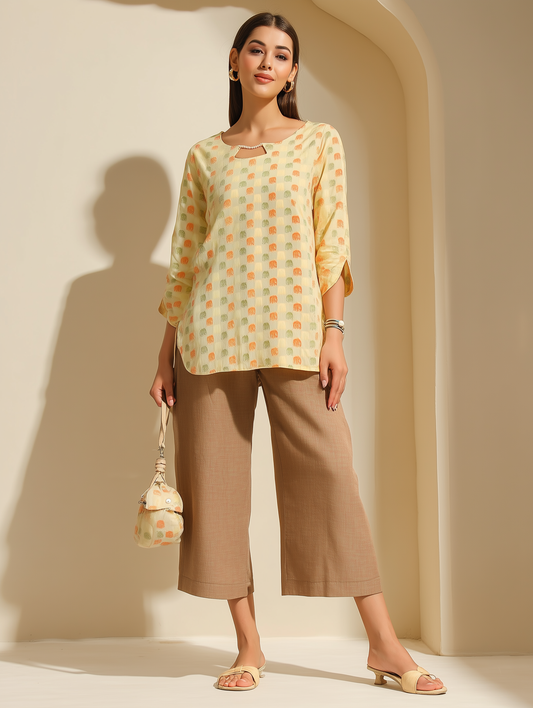 Yellow Beaded Cotton Short Tunic