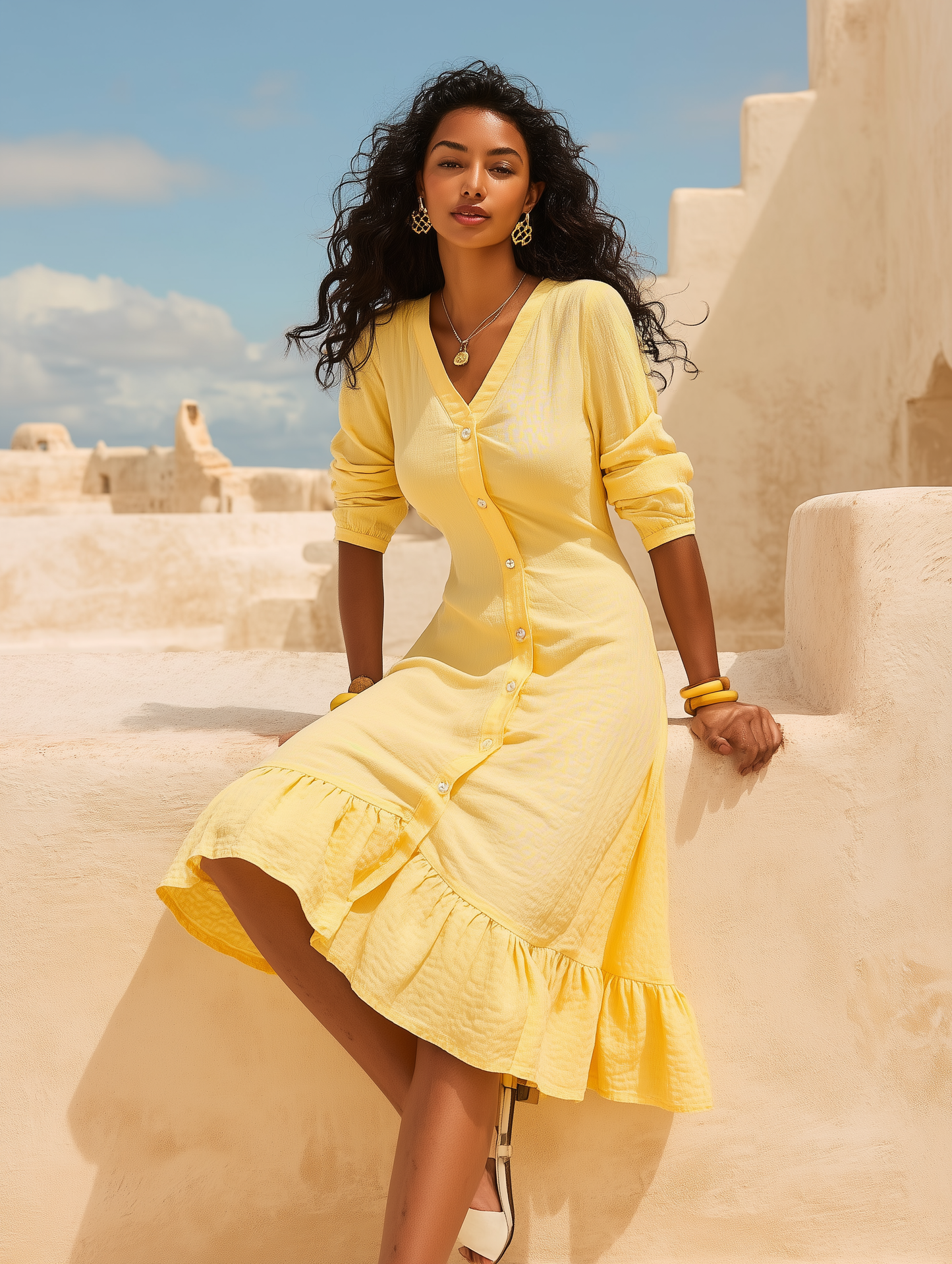 Wrinkle Yellow A-line Dress