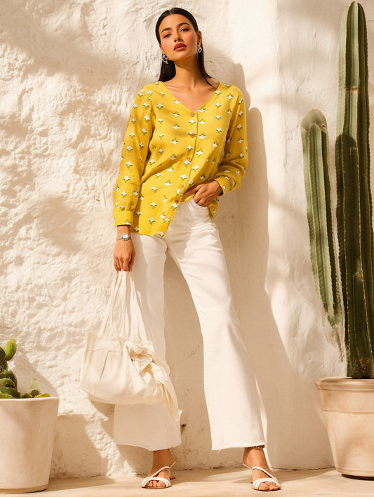 Yellow Floral Print V Neck Shirt